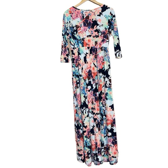•PINK BLUSH•COLORFUL FLORAL V NECK 3/4 SLEEVE TRUE MAXI DRESS WITH SASH SIZE XL - Picture 2 of 10